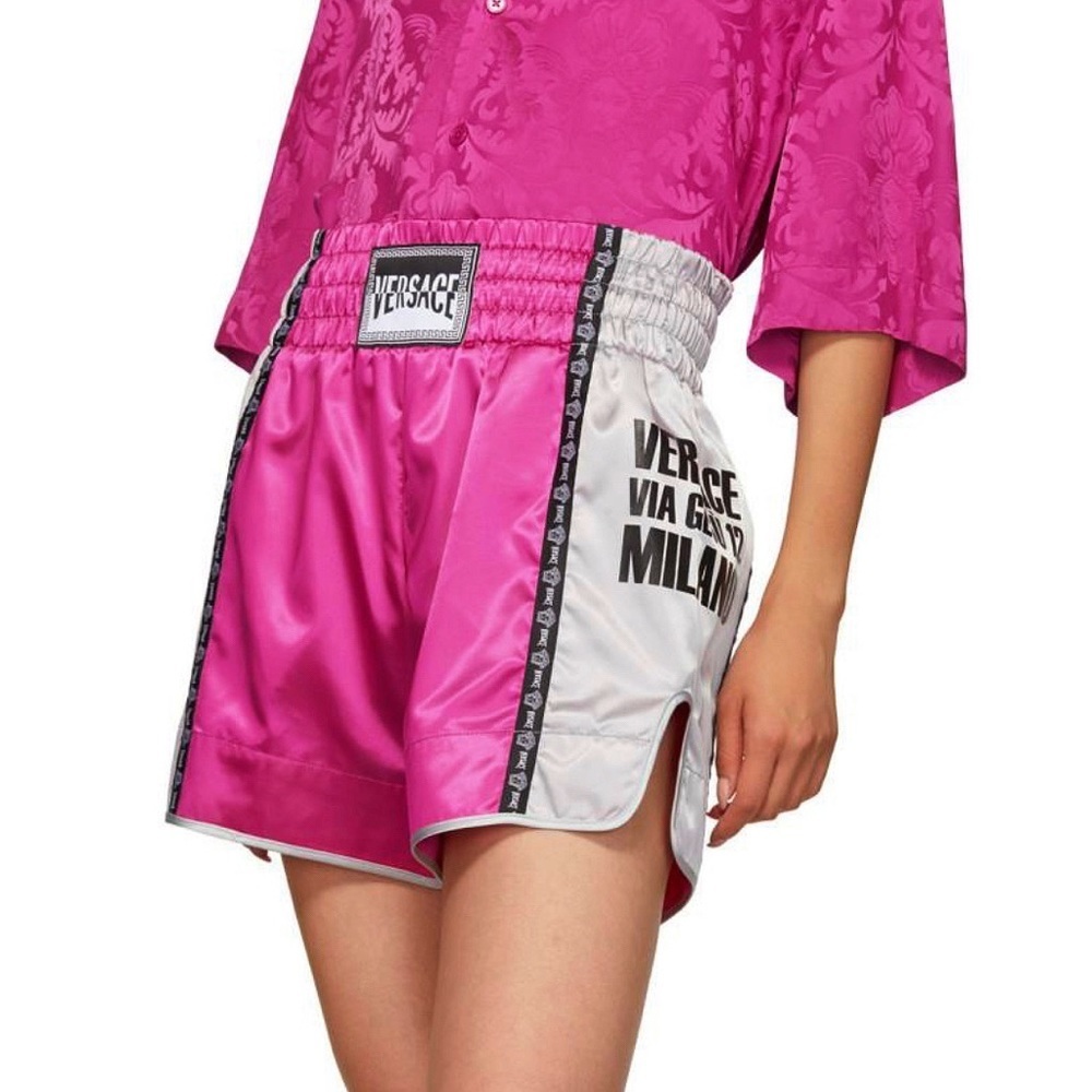 VERSACE Pink and Silver Unisex Boxing Shorts NWT silky shiny logo emblem stretch